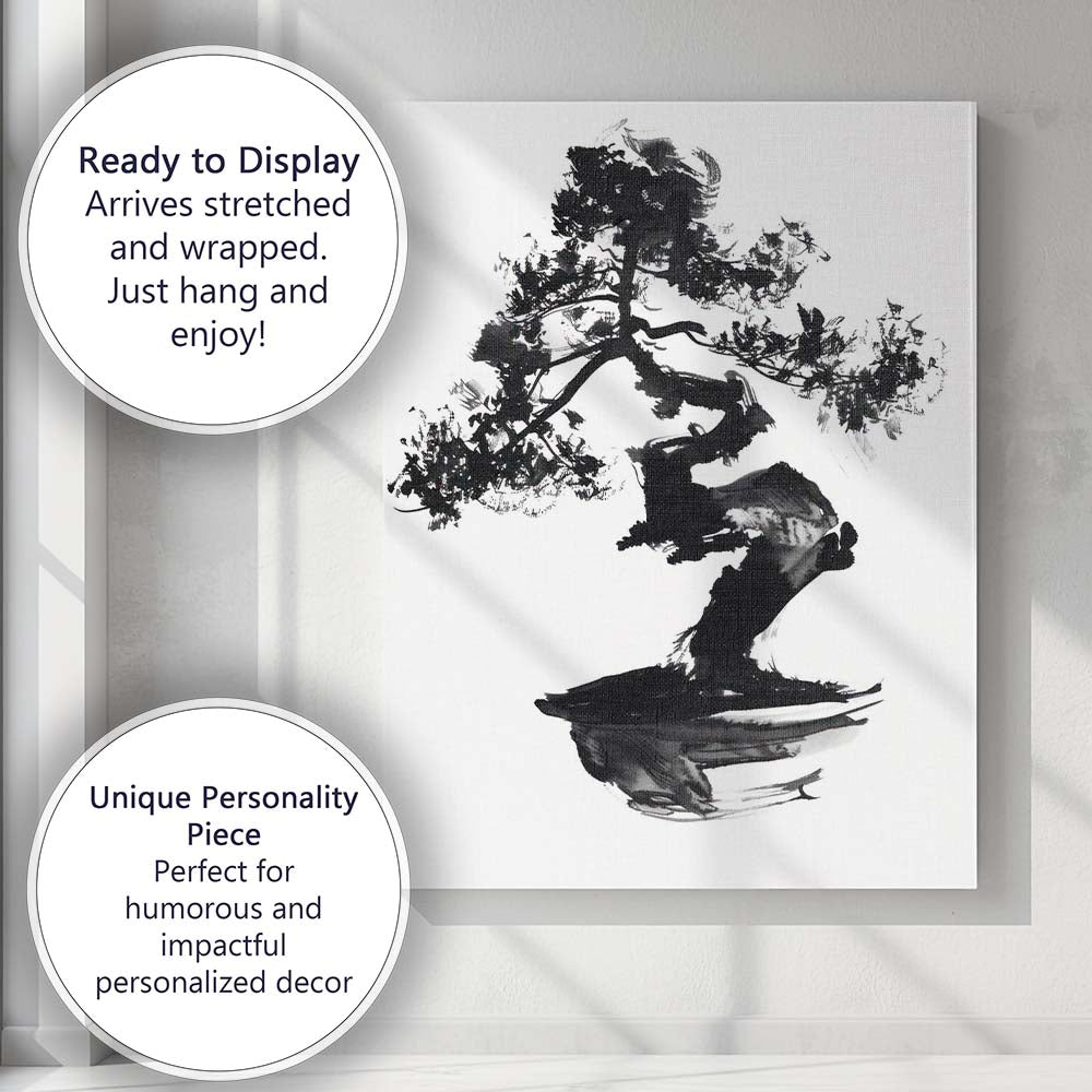 Black And Grey Bonsai Tree Japanese Sumi E Watercolour Painting Canvas Wall Art Print Decor Picture Ready to Hang