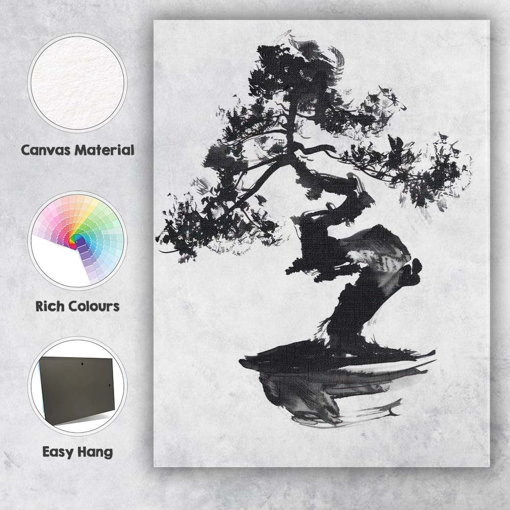 Black And Grey Bonsai Tree Japanese Sumi E Watercolour Painting Canvas Wall Art Print Decor Picture Ready to Hang