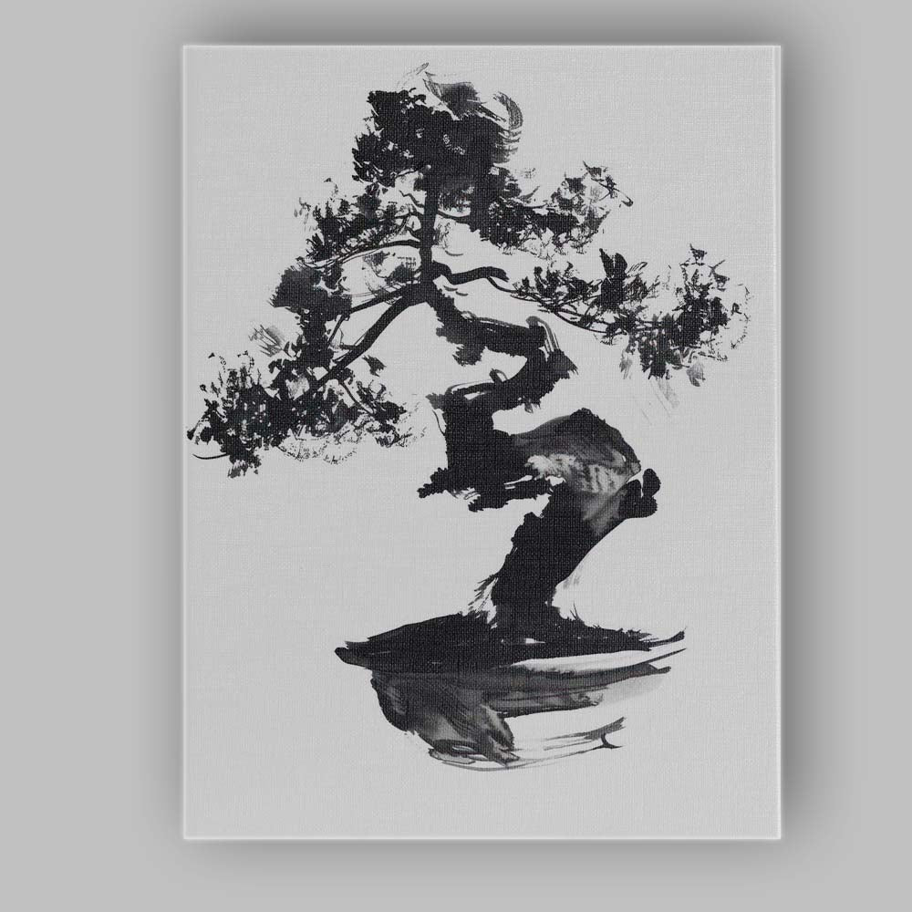 Black And Grey Bonsai Tree Japanese Sumi E Watercolour Painting Canvas Wall Art Print Decor Picture Ready to Hang