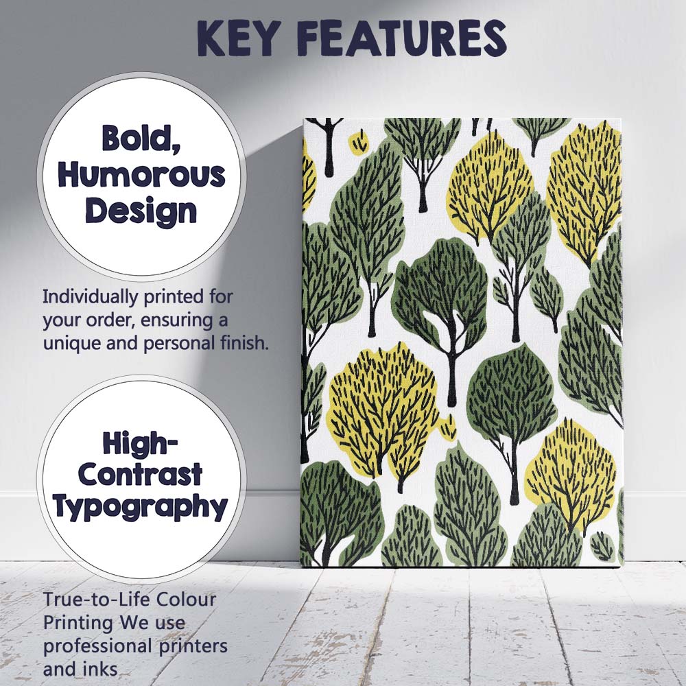Modern Abstract Forest Tree Canopy Repeat Pattern Green and Ochre Canvas Wall Art Print Decor Picture Ready to Hang