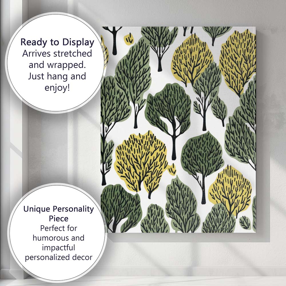 Modern Abstract Forest Tree Canopy Repeat Pattern Green and Ochre Canvas Wall Art Print Decor Picture Ready to Hang