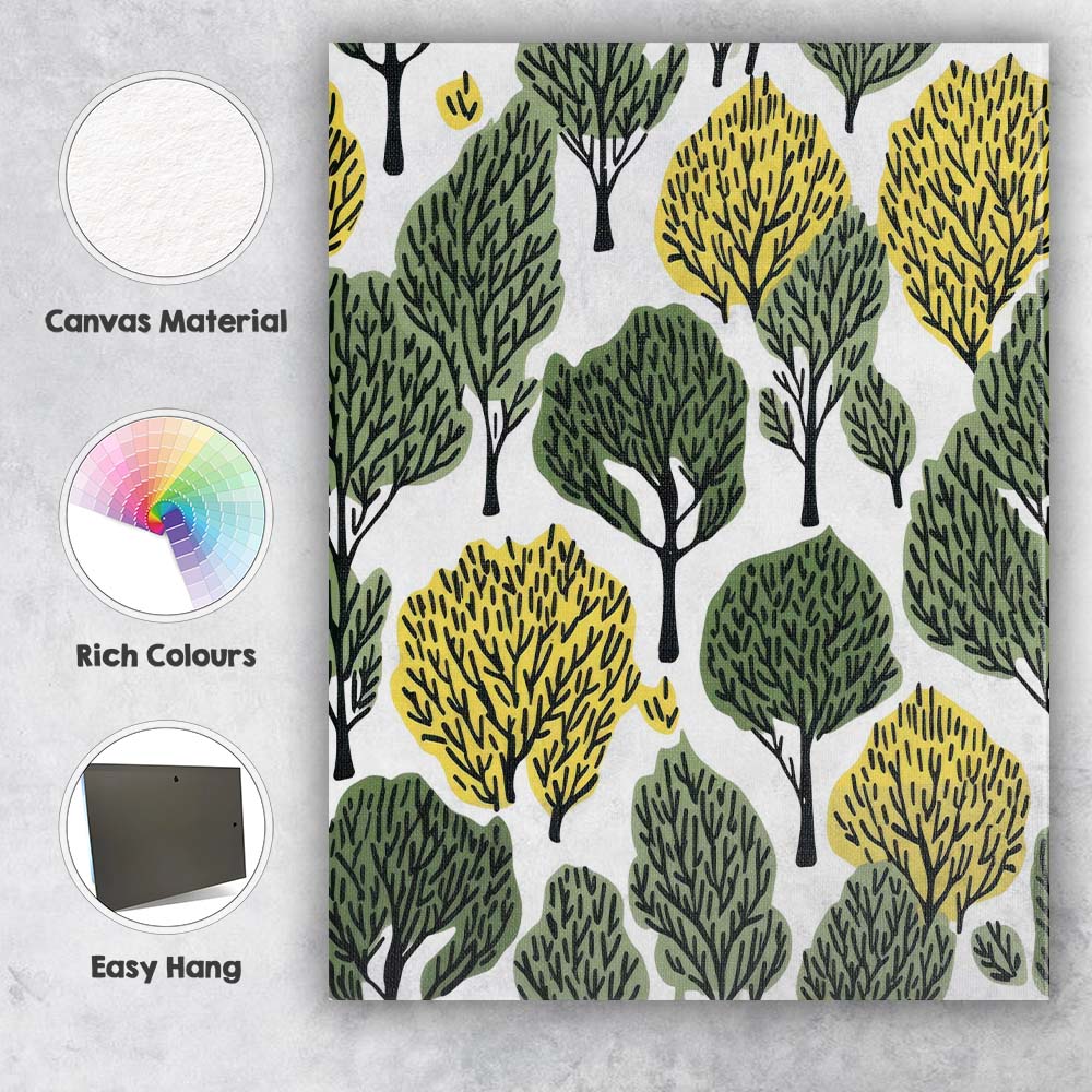 Modern Abstract Forest Tree Canopy Repeat Pattern Green and Ochre Canvas Wall Art Print Decor Picture Ready to Hang