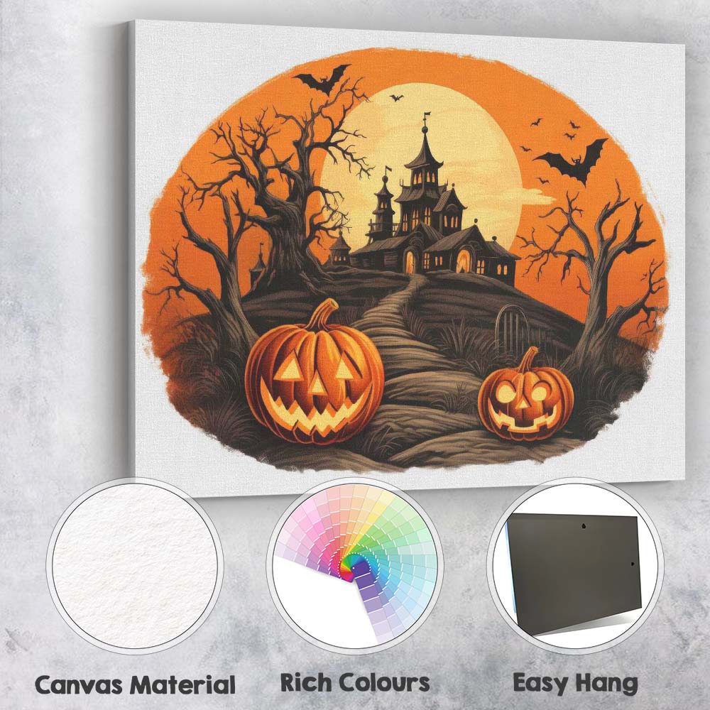 Halloween Haunted House Pumpkin Moonlit Spooky Landscape Canvas Wall Art Print Decor Picture Ready to Hang