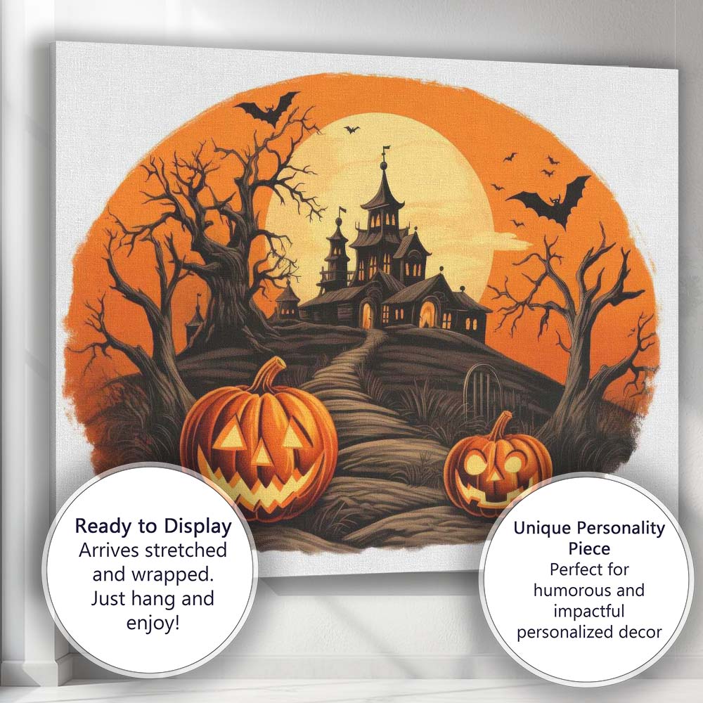 Halloween Haunted House Pumpkin Moonlit Spooky Landscape Canvas Wall Art Print Decor Picture Ready to Hang