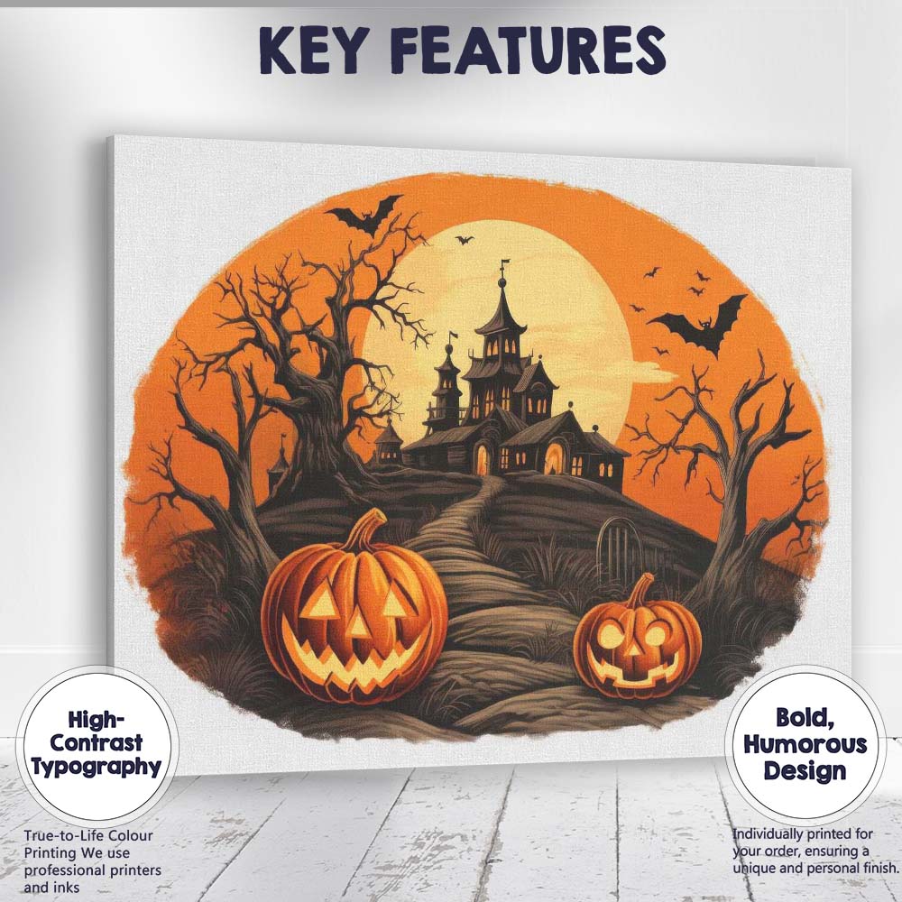 Halloween Haunted House Pumpkin Moonlit Spooky Landscape Canvas Wall Art Print Decor Picture Ready to Hang
