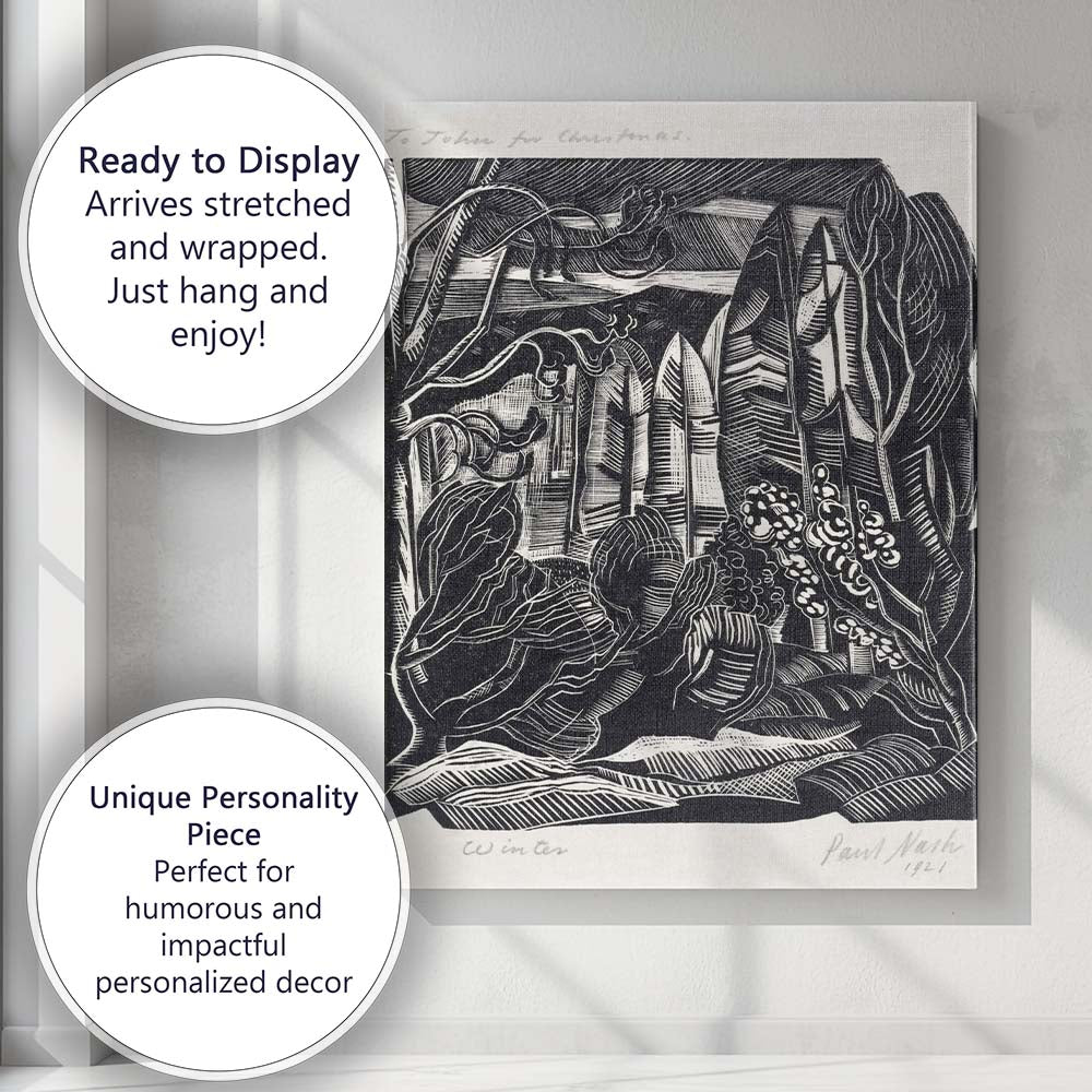 Monochrome Woodland Garden Linocut Style Tree Illustration Canvas Wall Art Print Decor Picture Ready to Hang