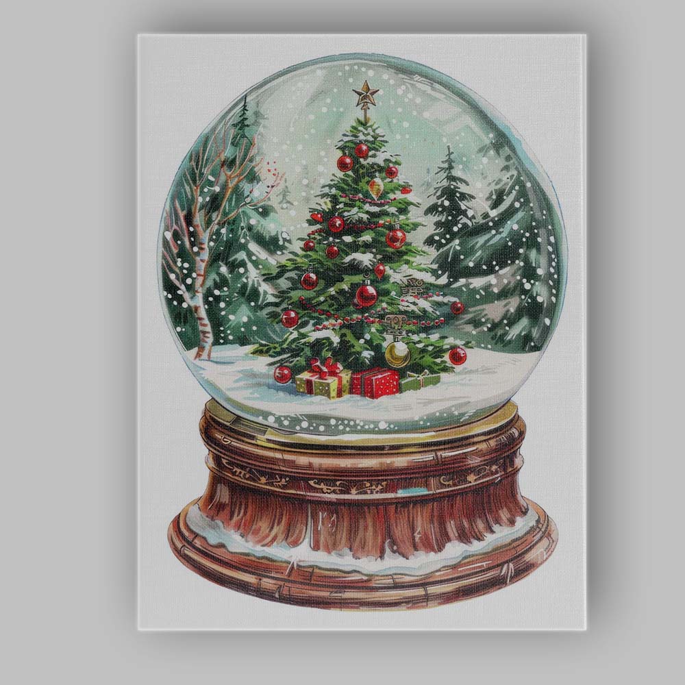 Festive Christmas Tree Snow Globe Watercolour Winter Holiday Scene Canvas Wall Art Print Decor Picture Ready to Hang