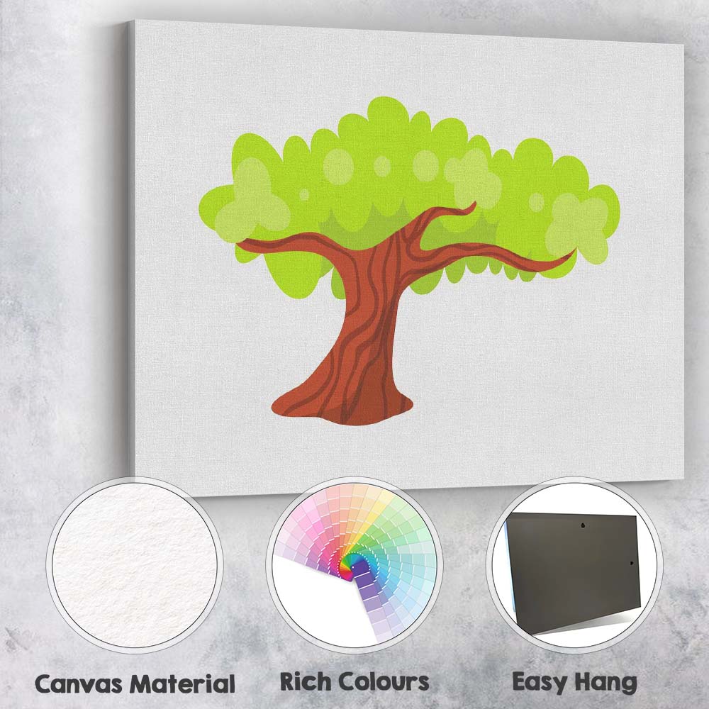 Whimsical Cartoon Tree with Wide Canopy Bright Green Nature Illustration Canvas Wall Art Print Decor Picture Ready to Hang