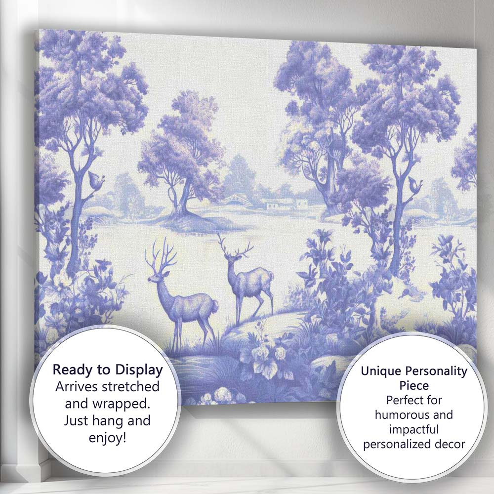 Woodland Deer Forest Landscape Toile Style Pattern Design Canvas Wall Art Print Decor Picture Ready to Hang