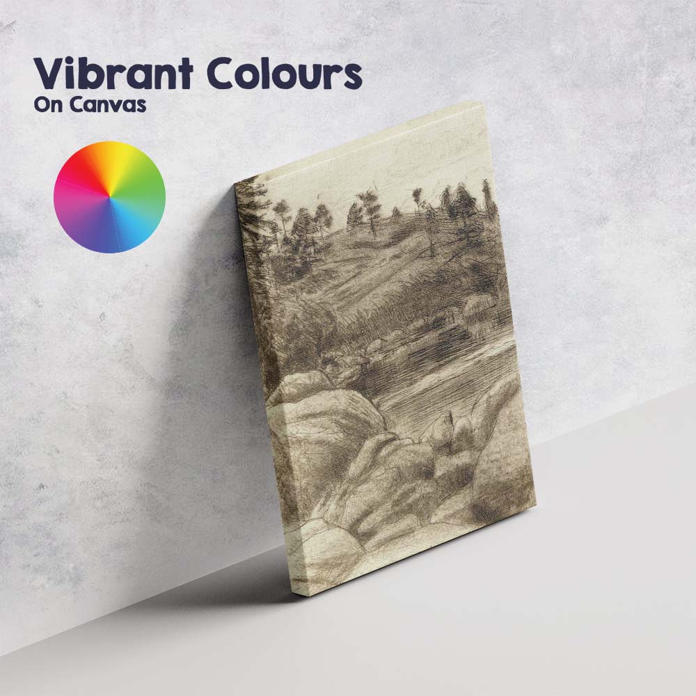 Sepia Ink Landscape Riverbank Woodland Sketch Canvas Wall Art Print Decor Picture Ready to Hang