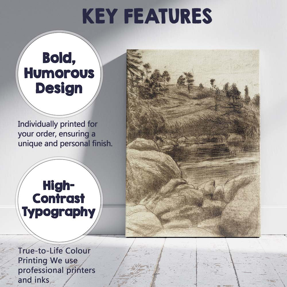 Sepia Ink Landscape Riverbank Woodland Sketch Canvas Wall Art Print Decor Picture Ready to Hang