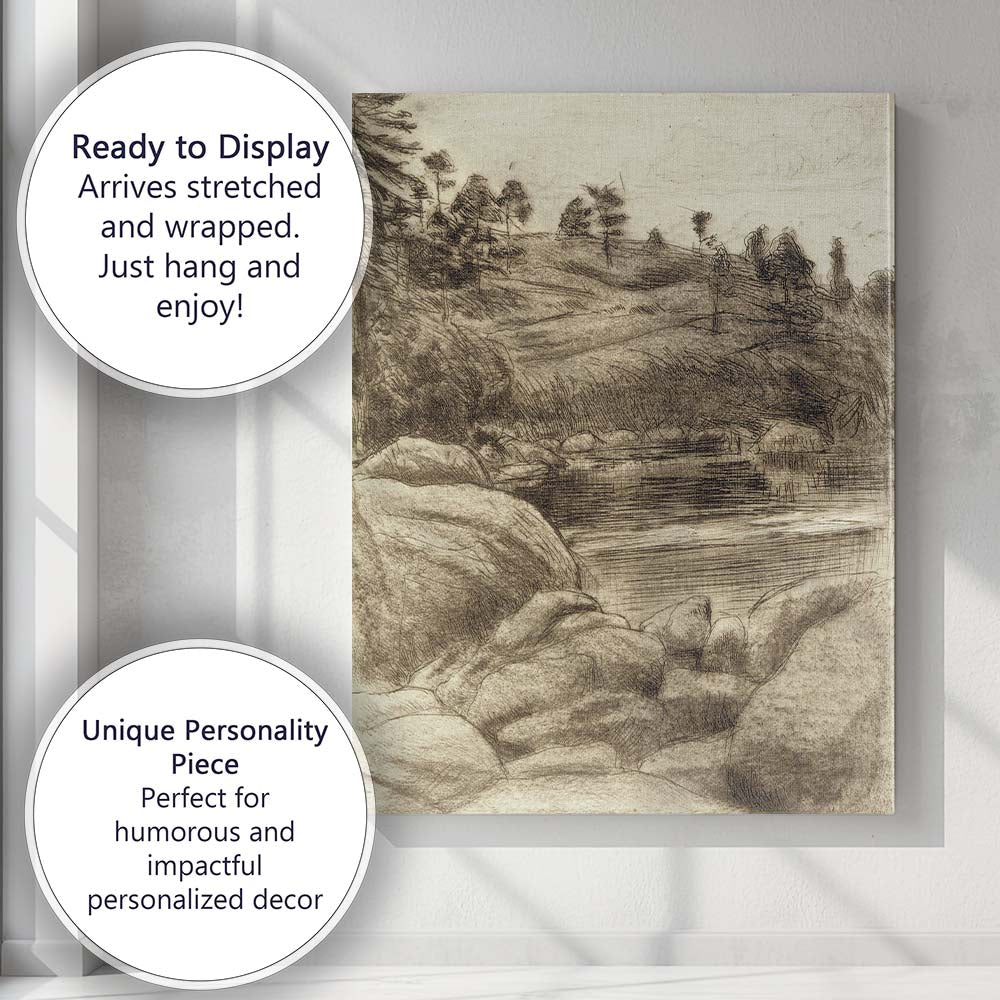 Sepia Ink Landscape Riverbank Woodland Sketch Canvas Wall Art Print Decor Picture Ready to Hang