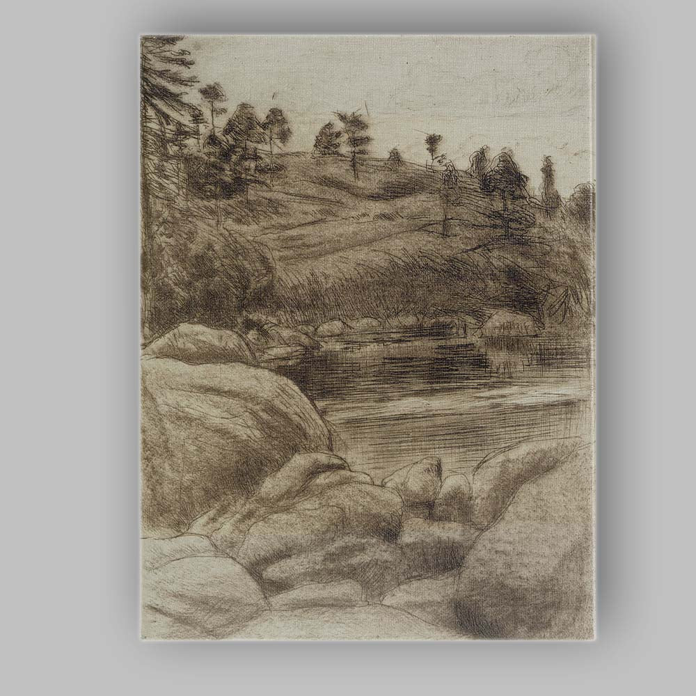 Sepia Ink Landscape Riverbank Woodland Sketch Canvas Wall Art Print Decor Picture Ready to Hang