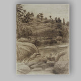 Sepia Ink Landscape Riverbank Woodland Sketch Canvas Wall Art Print Decor Picture Ready to Hang
