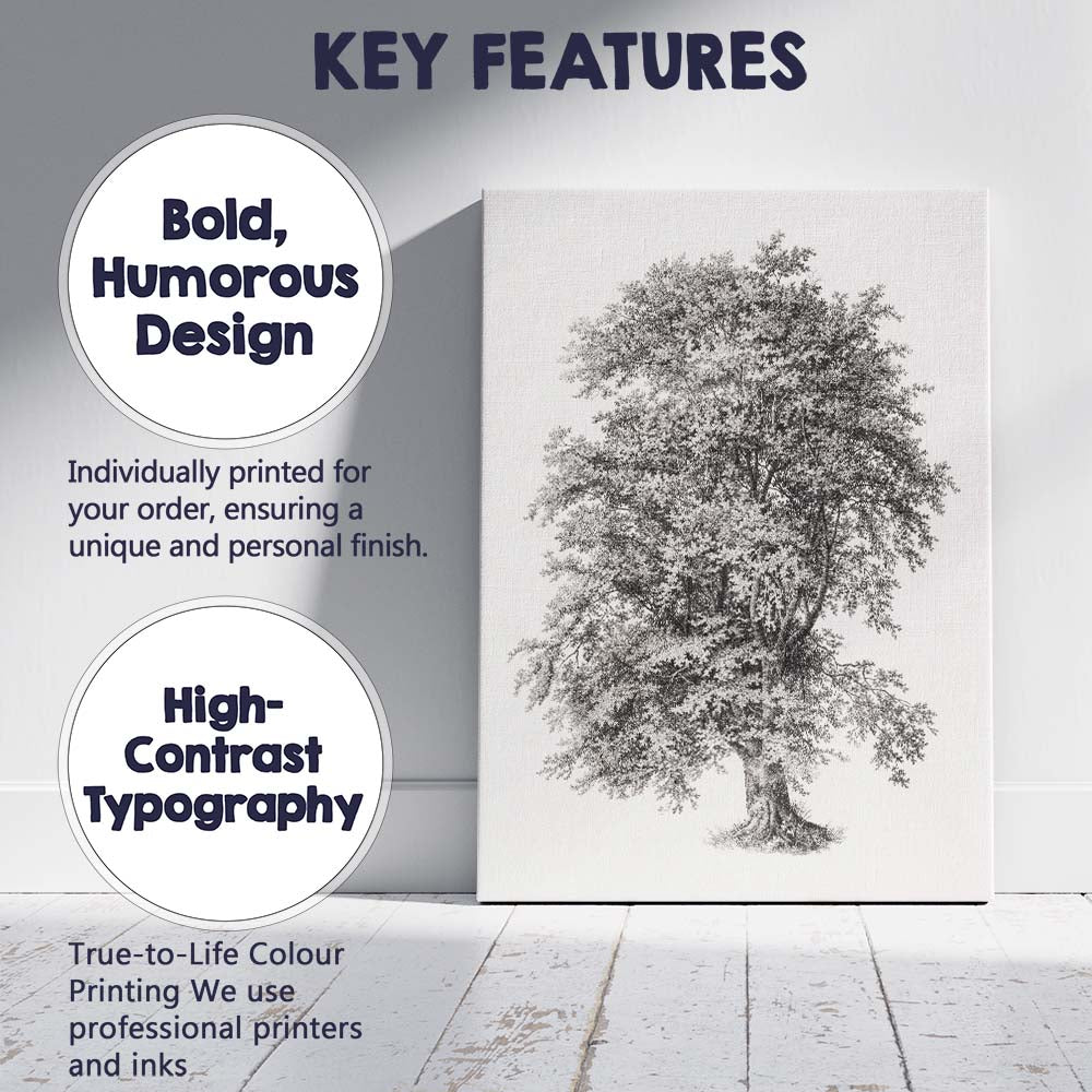 Detailed Botanical Oak Tree Illustration Monochrome Engraving Canvas Wall Art Print Decor Picture Ready to Hang