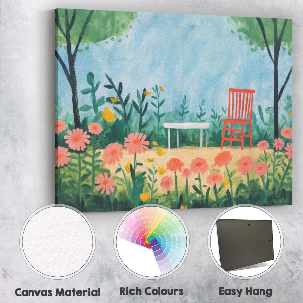 Whimsical Floral Garden Red Chair Watercolour Style Illustration Canvas Wall Art Print Decor Picture Ready to Hang