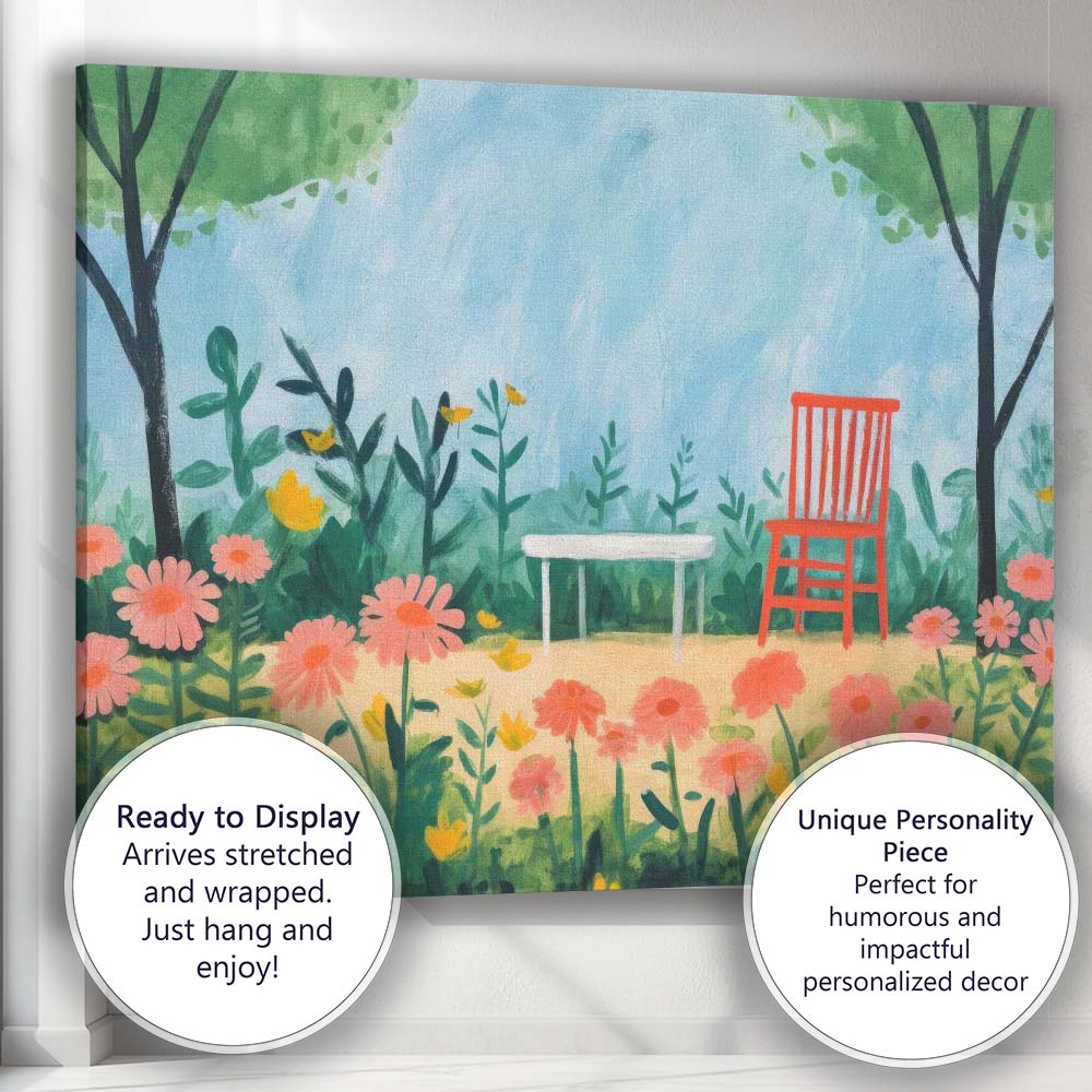 Whimsical Floral Garden Red Chair Watercolour Style Illustration Canvas Wall Art Print Decor Picture Ready to Hang