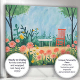 Whimsical Floral Garden Red Chair Watercolour Style Illustration Canvas Wall Art Print Decor Picture Ready to Hang