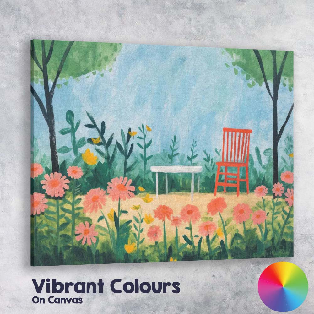 Whimsical Floral Garden Red Chair Watercolour Style Illustration Canvas Wall Art Print Decor Picture Ready to Hang