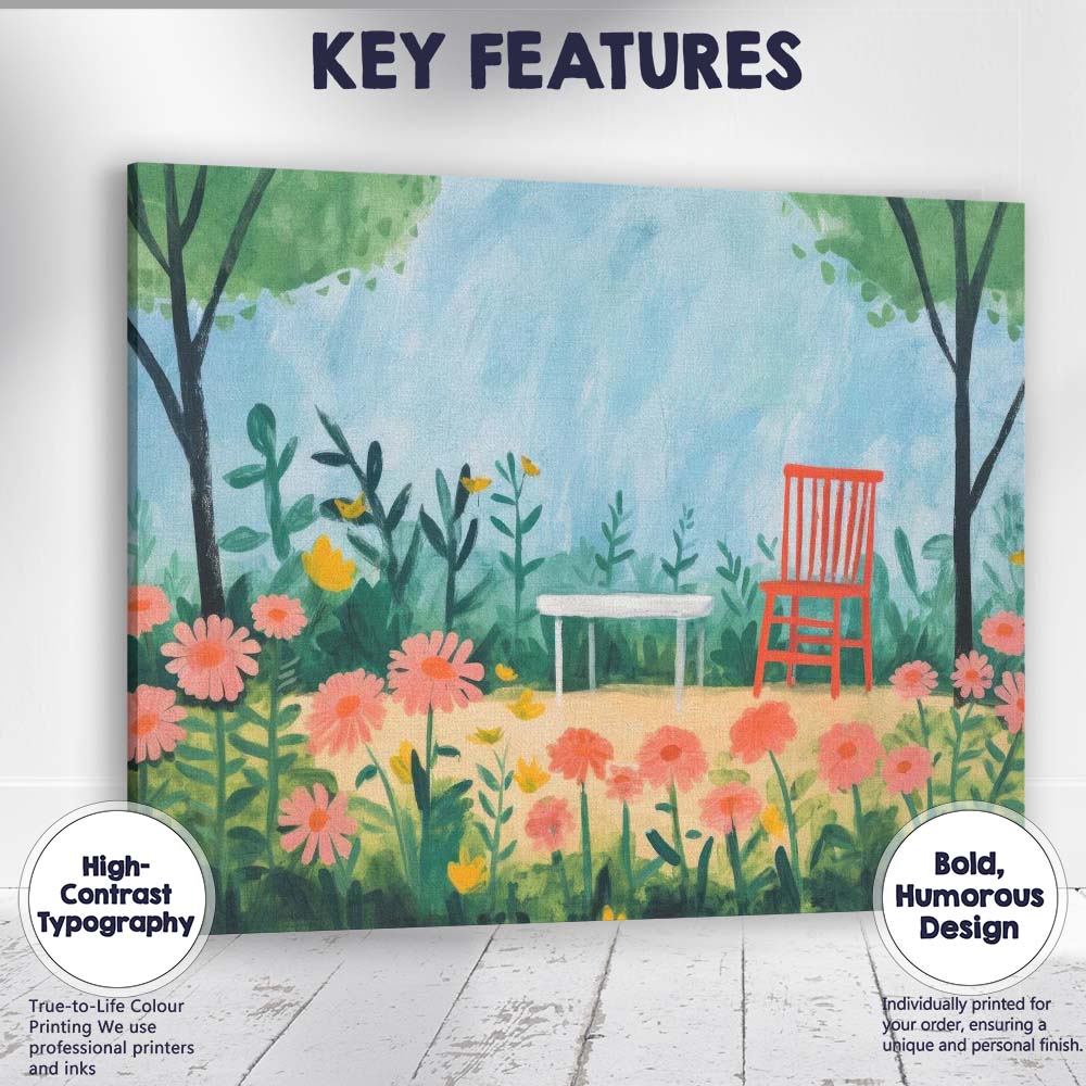 Whimsical Floral Garden Red Chair Watercolour Style Illustration Canvas Wall Art Print Decor Picture Ready to Hang