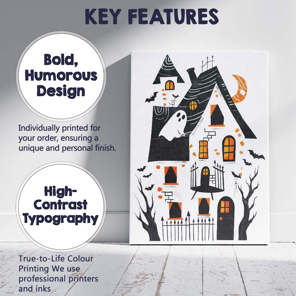 Whimsical Haunted House Halloween Folk Art Illustration Canvas Wall Art Print Decor Picture Ready to Hang