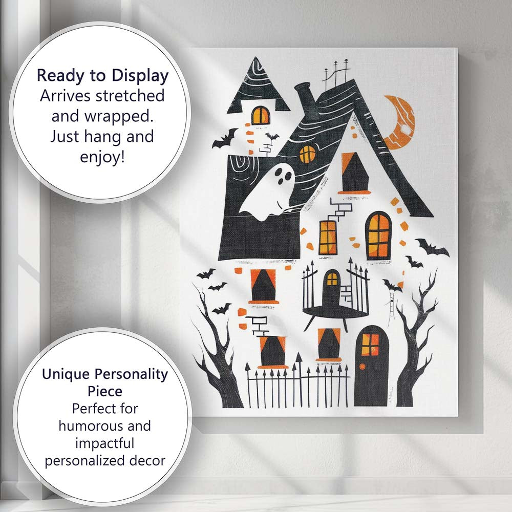 Whimsical Haunted House Halloween Folk Art Illustration Canvas Wall Art Print Decor Picture Ready to Hang