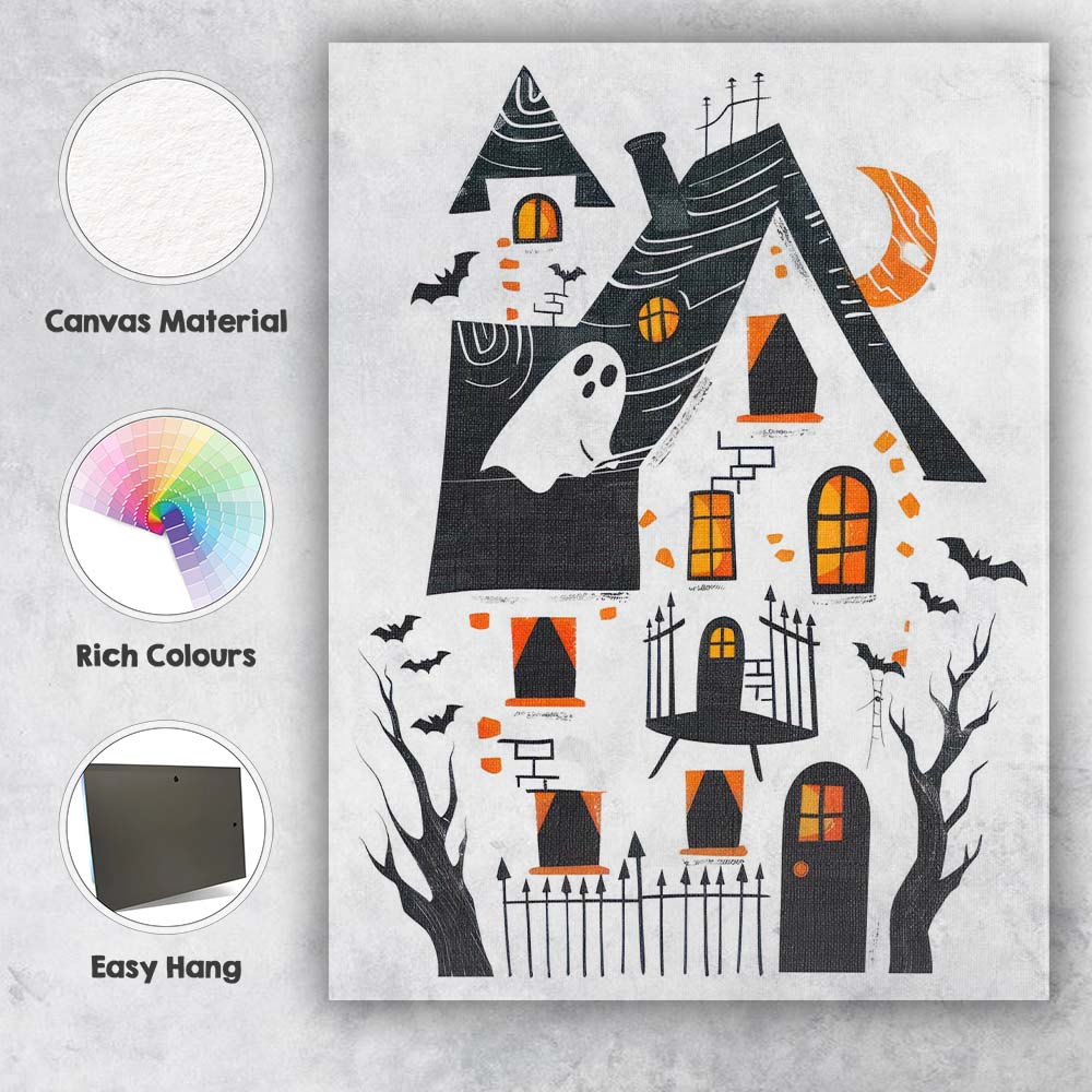 Whimsical Haunted House Halloween Folk Art Illustration Canvas Wall Art Print Decor Picture Ready to Hang