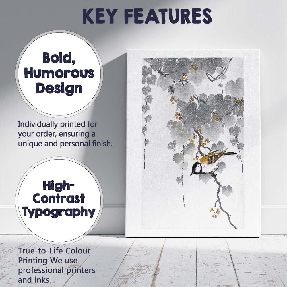 Japanese Style Bird and Berry Vine Nature Artwork Canvas Wall Art Print Decor Picture Ready to Hang