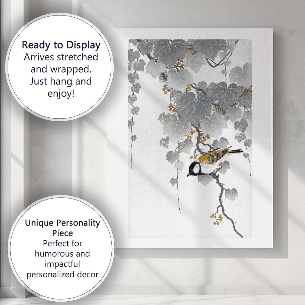 Japanese Style Bird and Berry Vine Nature Artwork Canvas Wall Art Print Decor Picture Ready to Hang
