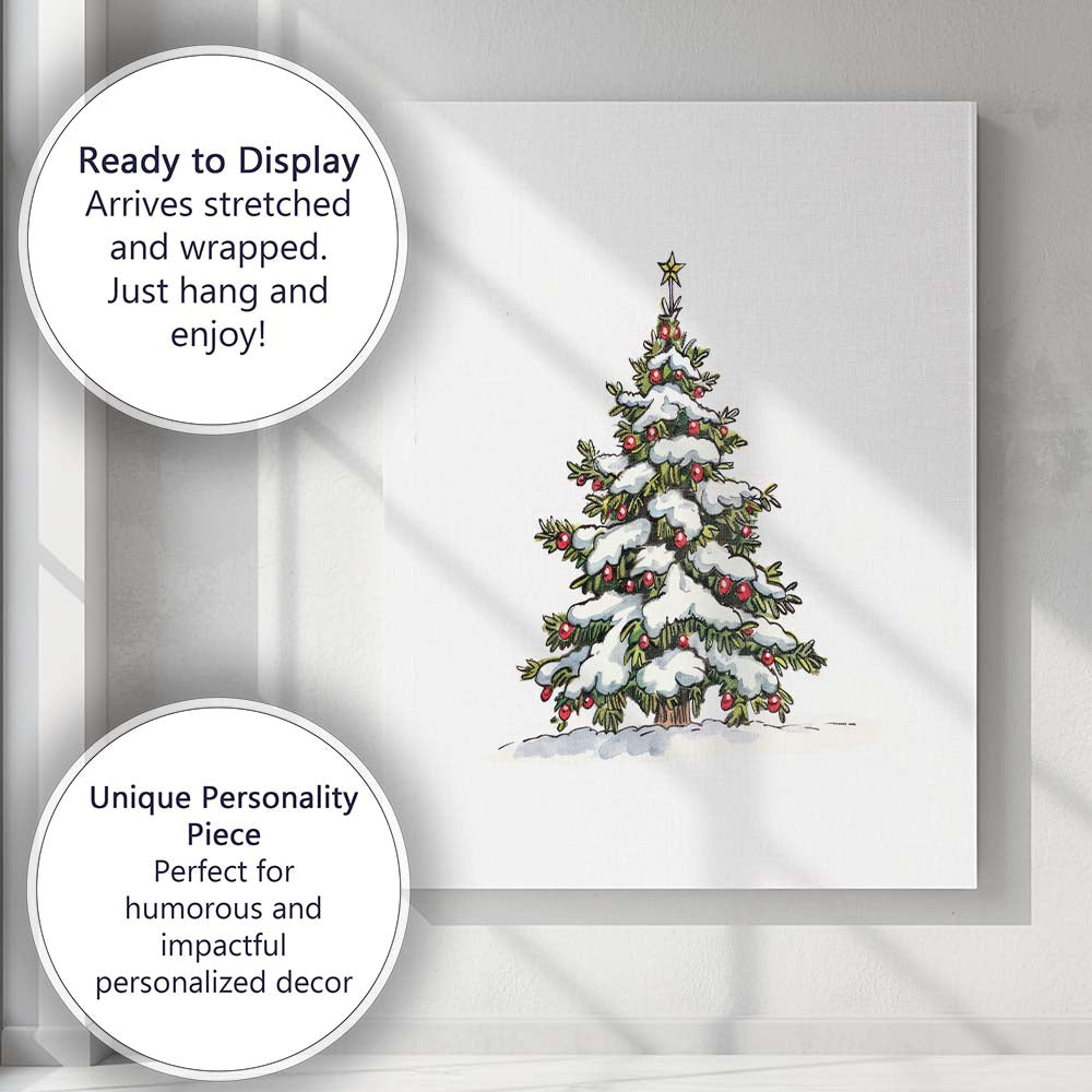 Snow Covered Christmas Tree Winter Holiday Illustration Canvas Wall Art Print Decor Picture Ready to Hang