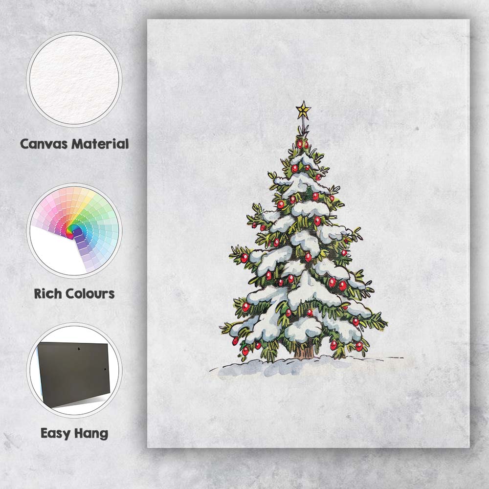 Snow Covered Christmas Tree Winter Holiday Illustration Canvas Wall Art Print Decor Picture Ready to Hang