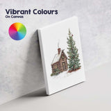 Rustic Snow Covered Log Cabin and Evergreen Christmas Tree Watercolour Canvas Wall Art Print Decor Picture Ready to Hang