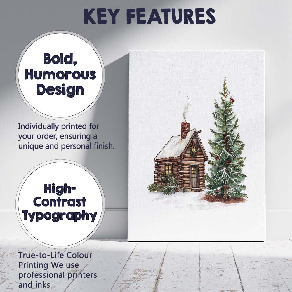 Rustic Snow Covered Log Cabin and Evergreen Christmas Tree Watercolour Canvas Wall Art Print Decor Picture Ready to Hang
