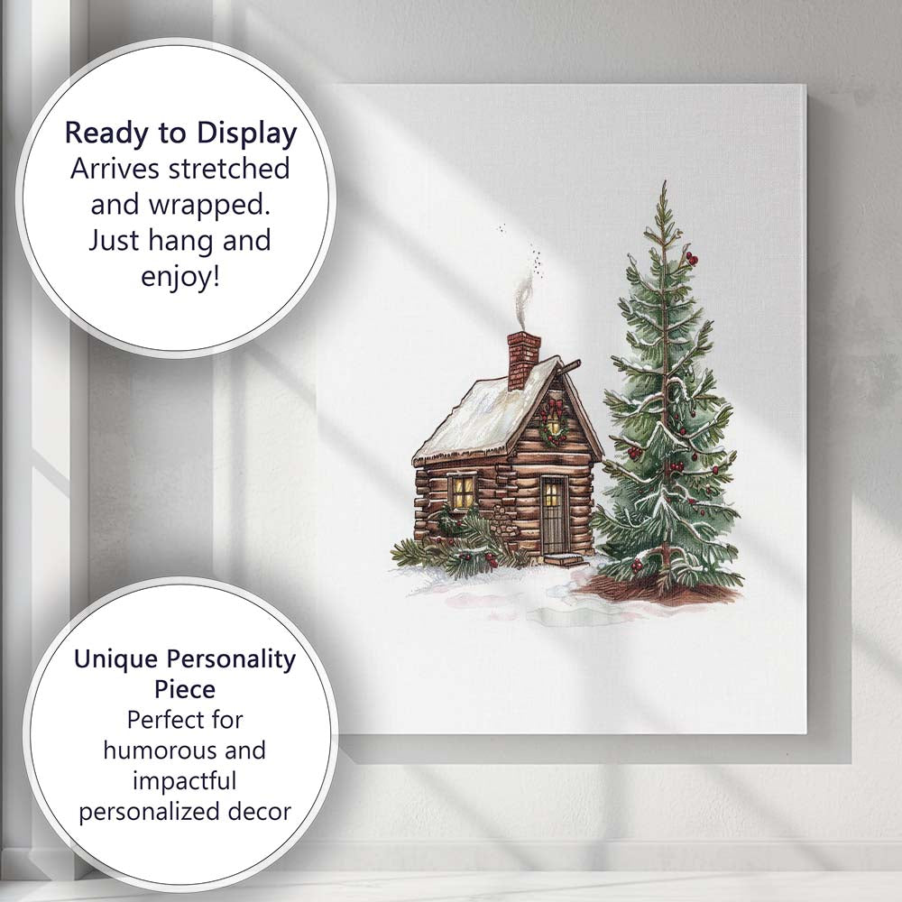 Rustic Snow Covered Log Cabin and Evergreen Christmas Tree Watercolour Canvas Wall Art Print Decor Picture Ready to Hang