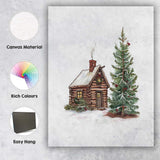 Rustic Snow Covered Log Cabin and Evergreen Christmas Tree Watercolour Canvas Wall Art Print Decor Picture Ready to Hang