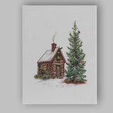 Rustic Snow Covered Log Cabin and Evergreen Christmas Tree Watercolour Canvas Wall Art Print Decor Picture Ready to Hang