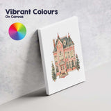 Victorian Pink Christmas House Festive Winter Watercolour Illustration Canvas Wall Art Print Decor Picture Ready to Hang