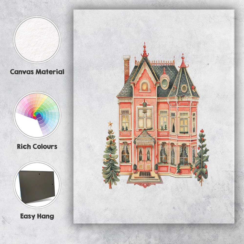 Victorian Pink Christmas House Festive Winter Watercolour Illustration Canvas Wall Art Print Decor Picture Ready to Hang