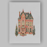 Victorian Pink Christmas House Festive Winter Watercolour Illustration Canvas Wall Art Print Decor Picture Ready to Hang