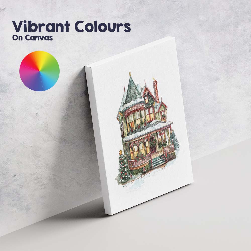 Elegant Victorian Winter House with Christmas Decorations Watercolour Canvas Wall Art Print Decor Picture Ready to Hang