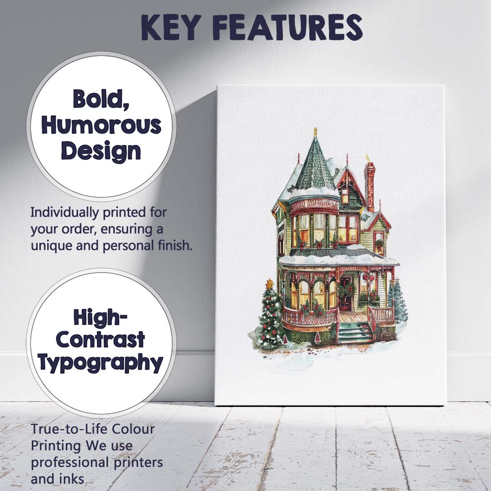 Elegant Victorian Winter House with Christmas Decorations Watercolour Canvas Wall Art Print Decor Picture Ready to Hang