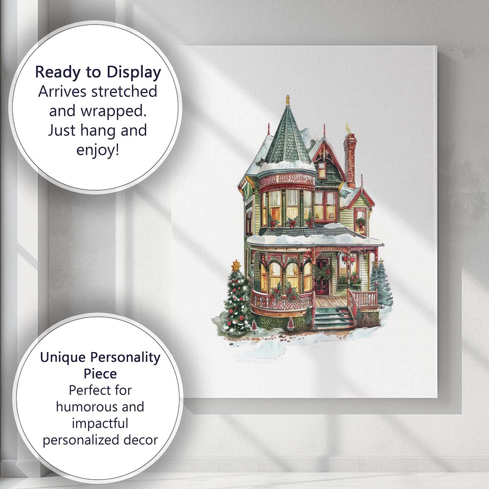Elegant Victorian Winter House with Christmas Decorations Watercolour Canvas Wall Art Print Decor Picture Ready to Hang