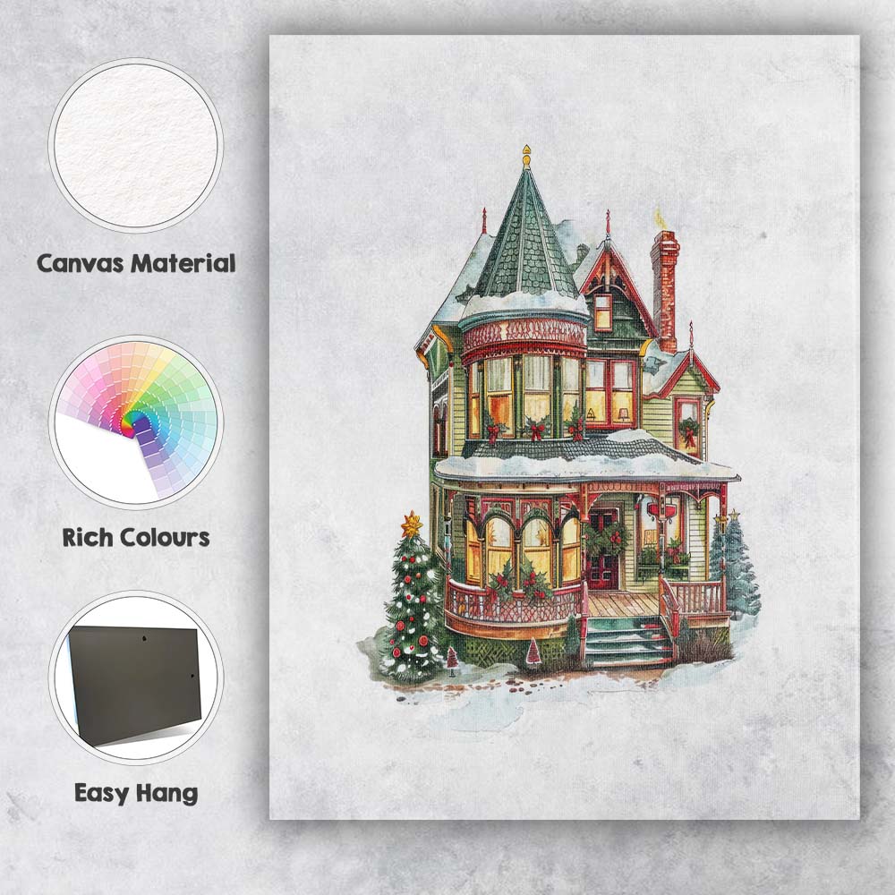 Elegant Victorian Winter House with Christmas Decorations Watercolour Canvas Wall Art Print Decor Picture Ready to Hang