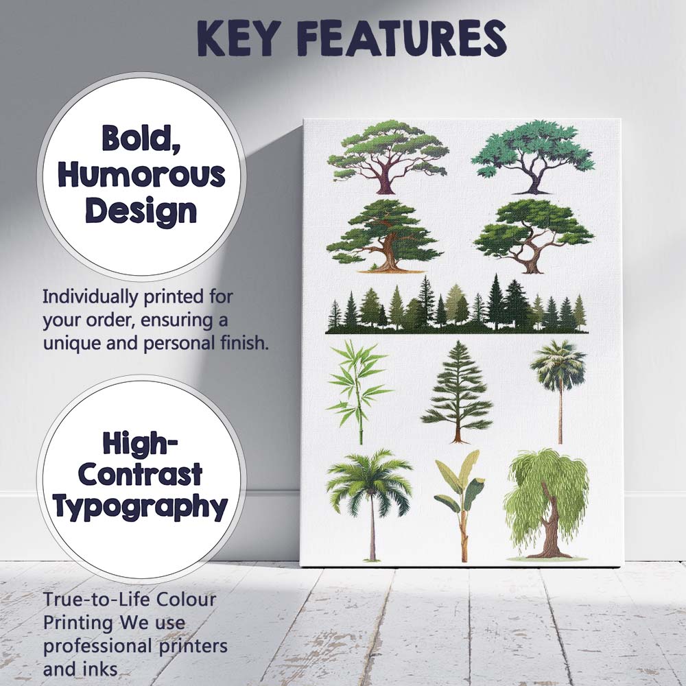Green Tree Variety Botanical Forest Vector Illustration Canvas Wall Art Print Decor Picture Ready to Hang