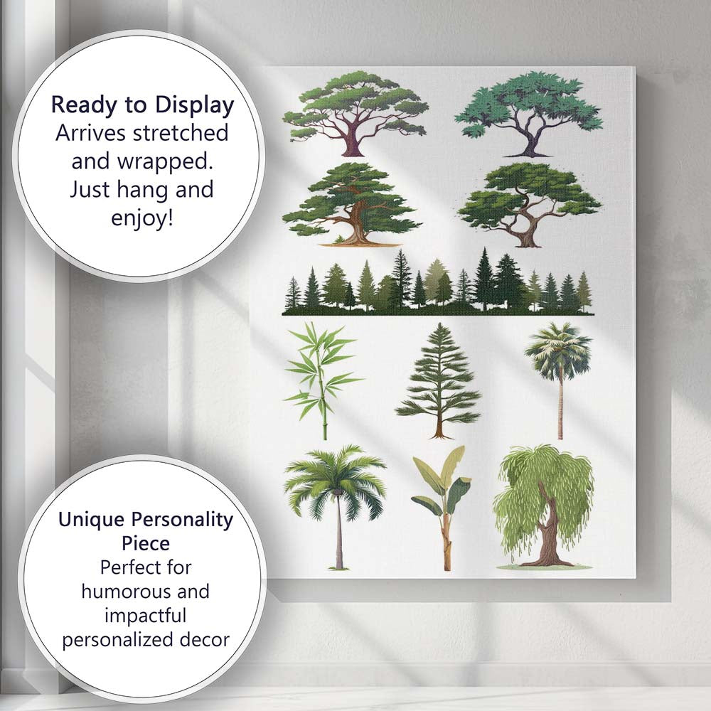 Green Tree Variety Botanical Forest Vector Illustration Canvas Wall Art Print Decor Picture Ready to Hang