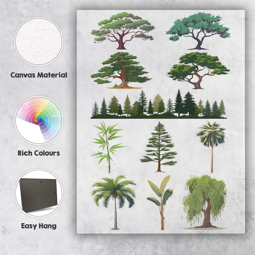 Green Tree Variety Botanical Forest Vector Illustration Canvas Wall Art Print Decor Picture Ready to Hang