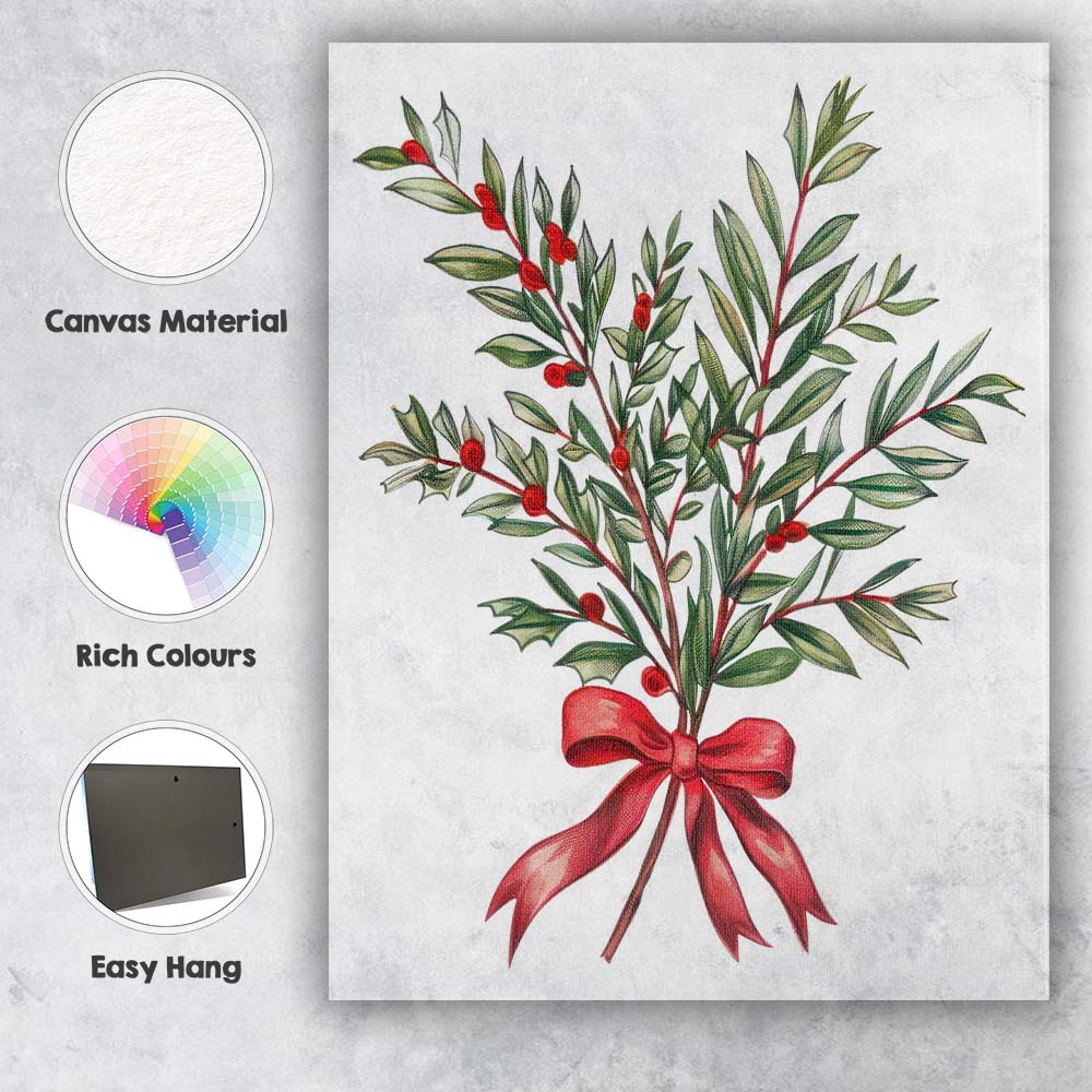 Traditional Mistletoe Sprig with Red Ribbon Christmas Botanical Artwork Canvas Wall Art Print Decor Picture Ready to Hang
