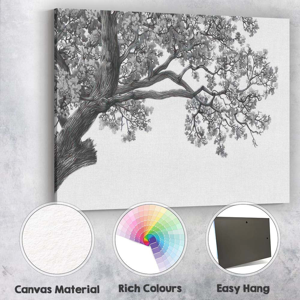 Monochrome Oak Tree Branch Canopy Detailed Nature Drawing Canvas Wall Art Print Decor Picture Ready to Hang