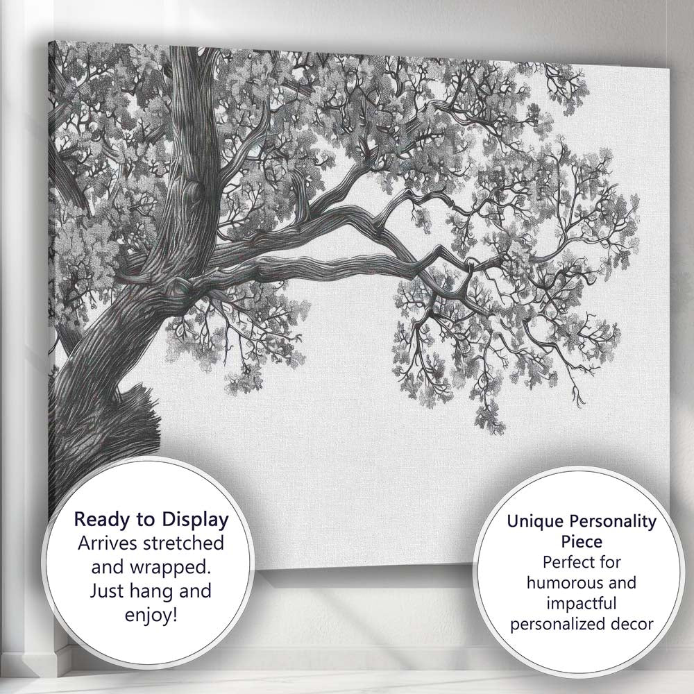 Monochrome Oak Tree Branch Canopy Detailed Nature Drawing Canvas Wall Art Print Decor Picture Ready to Hang