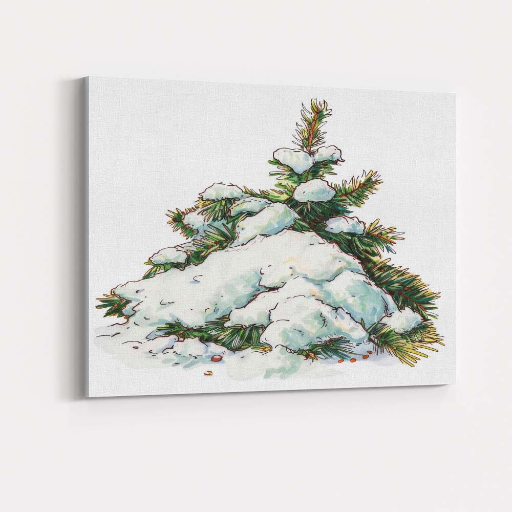 Watercolour Snow Covered Pine Branch Winter Woodland Scene Canvas Wall Art Print Decor Picture Ready to Hang
